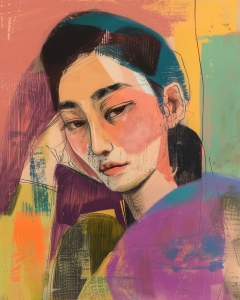 Donna con la mano sul viso in astratto colorato