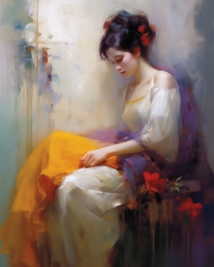 Mujer Sentada con Vestido Amarillo y Blanco