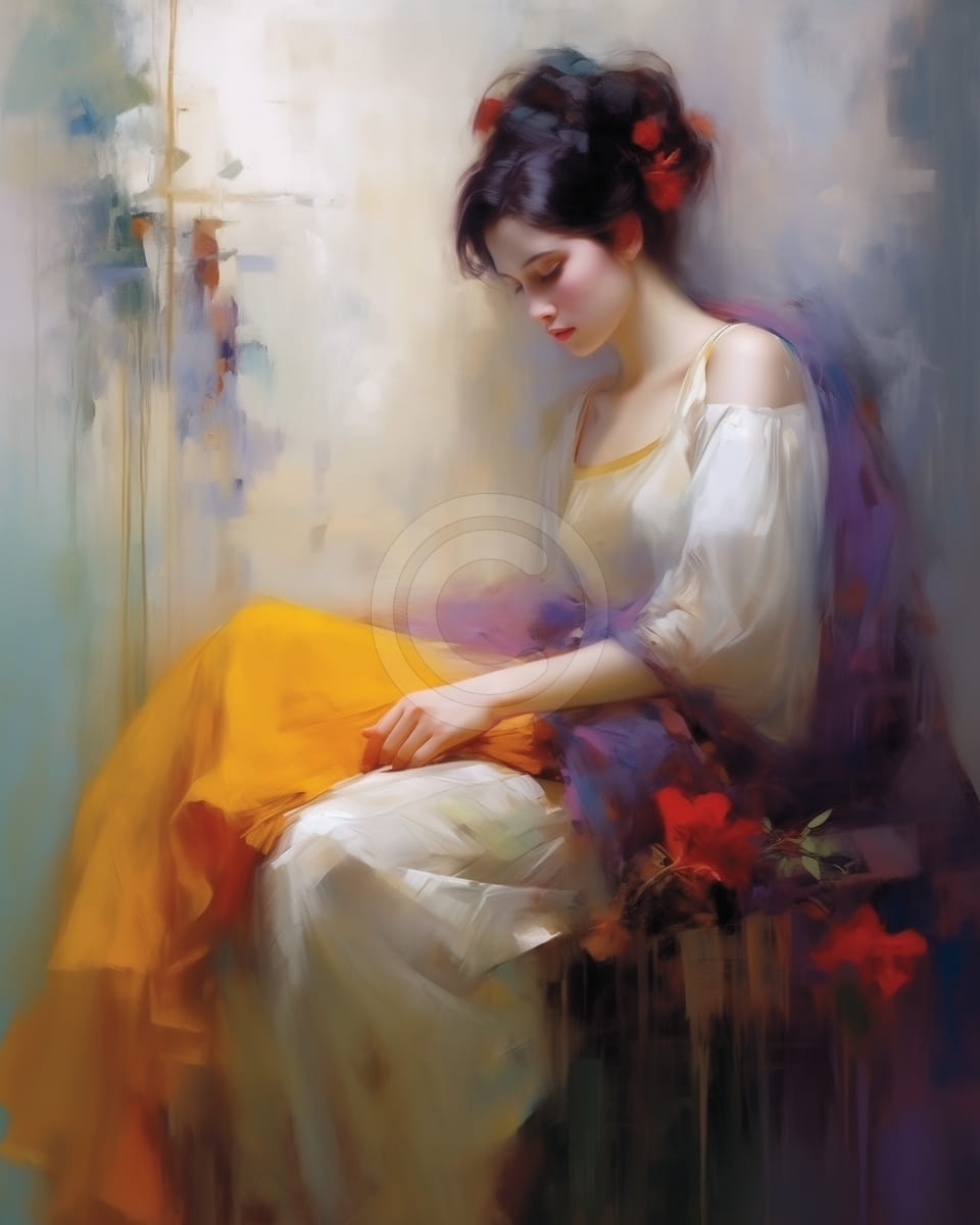 Mujer Sentada con Vestido Amarillo y Blanco