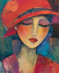 Donna con cappello rosso e occhi chiusi