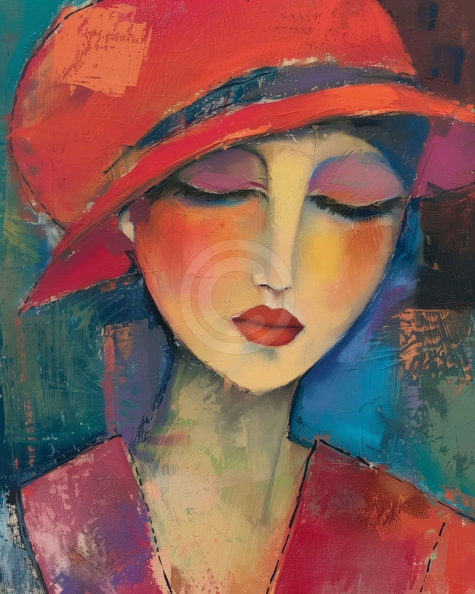 Femme au chapeau rouge aux yeux fermés