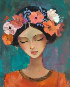 Frau mit Blumenkranz und geschlossenen Augen