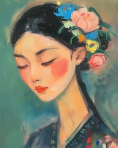 Mujer con flores en el cabello y mirada baja