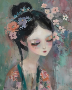 Fille avec Fleurs dans les Cheveux et Kimono