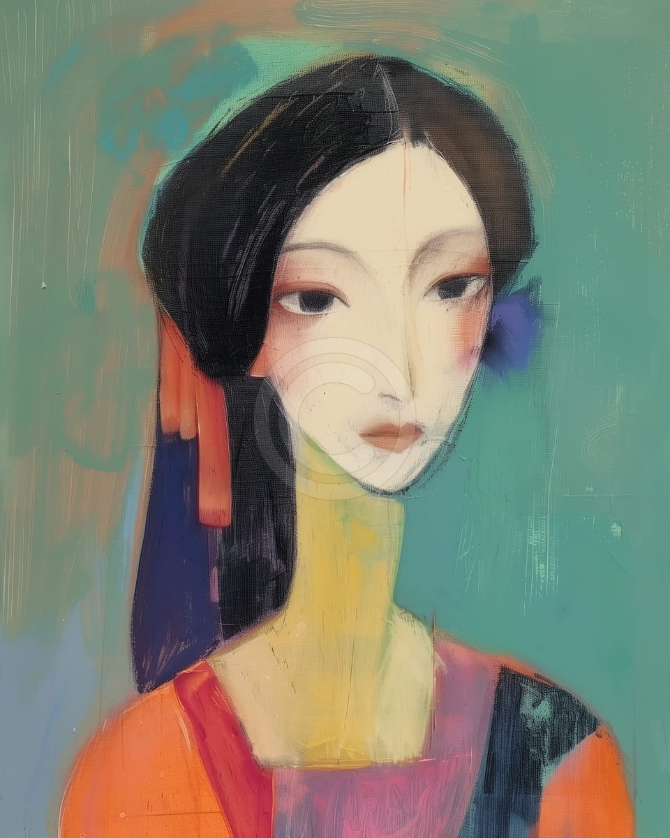 Femme aux Cheveux Noirs et Vêtement Orange