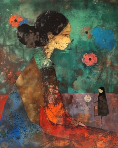 Mujer con Ni&ntilde;o y Flores Abstractas