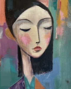 Mujer con Ojos Cerrados y Mejillas Rosadas