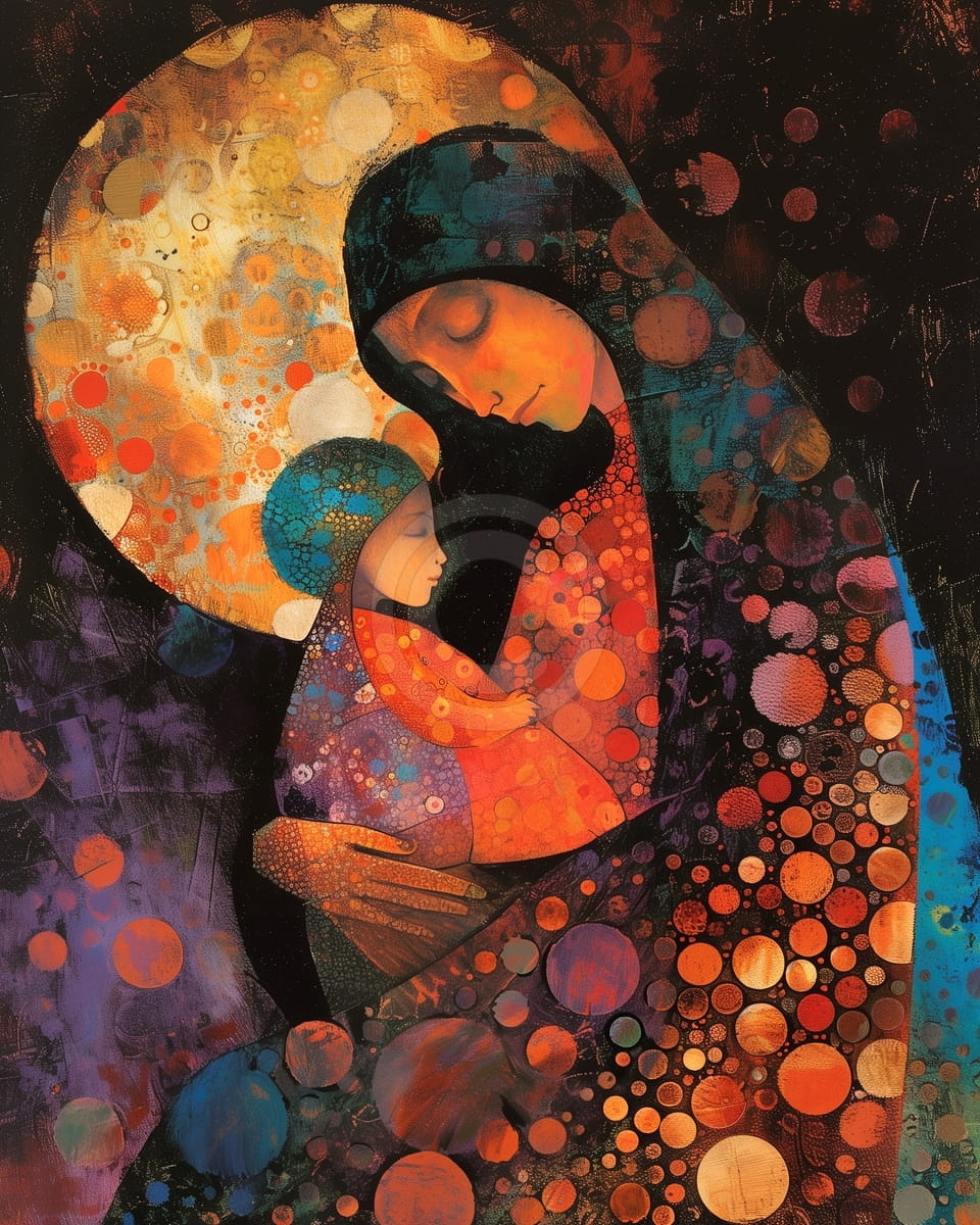 Madre che Abbraccia il Bambino con Motivi Circolari