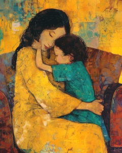 Madre che Abbraccia il Bambino in Giallo e Blu