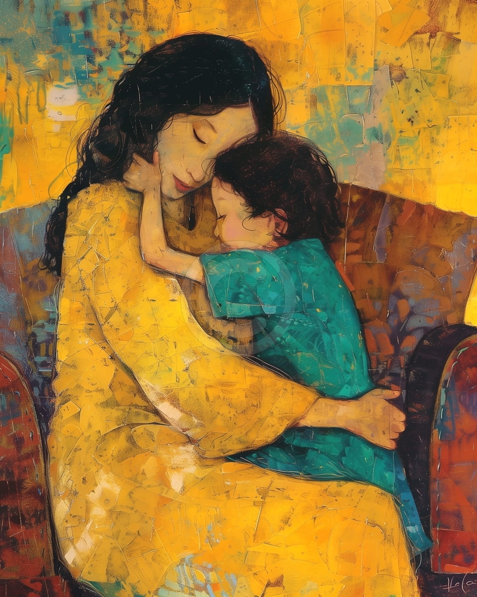 Madre che Abbraccia il Bambino in Giallo e Blu
