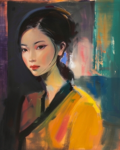 Portrait de femme en v&ecirc;tement jaune
