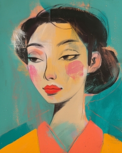 Donna con labbra rosse e guance arrossate su sfondo turchese