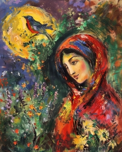 Mujer con pa&ntilde;uelo rojo entre flores y p&aacute;jaro