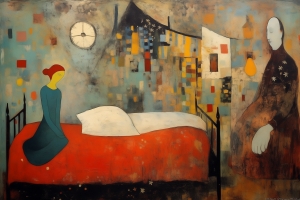 Femme Assise sur un Lit avec Horloge et Figure d&rsquo;Ombre