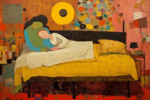 Pareja Descansando en una Cama Amarilla