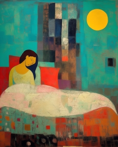 Mujer descansando en la cama bajo la luna amarilla