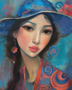 Femme au Chapeau Bleu et Ch&acirc;le Brod&eacute;