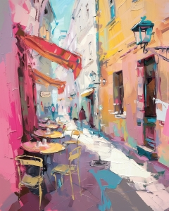 Mesas de caf&eacute; vac&iacute;as en una calle colorida