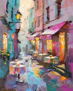 Mesas de caf&eacute; en un callej&oacute;n colorido al atardecer