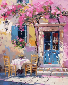 Dos sillas junto a una puerta azul con flores rosas