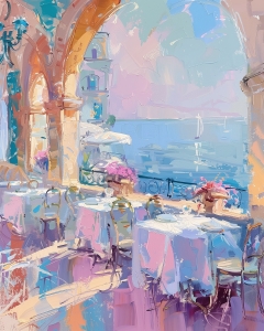 Terrazza sul mare con tavoli e archi