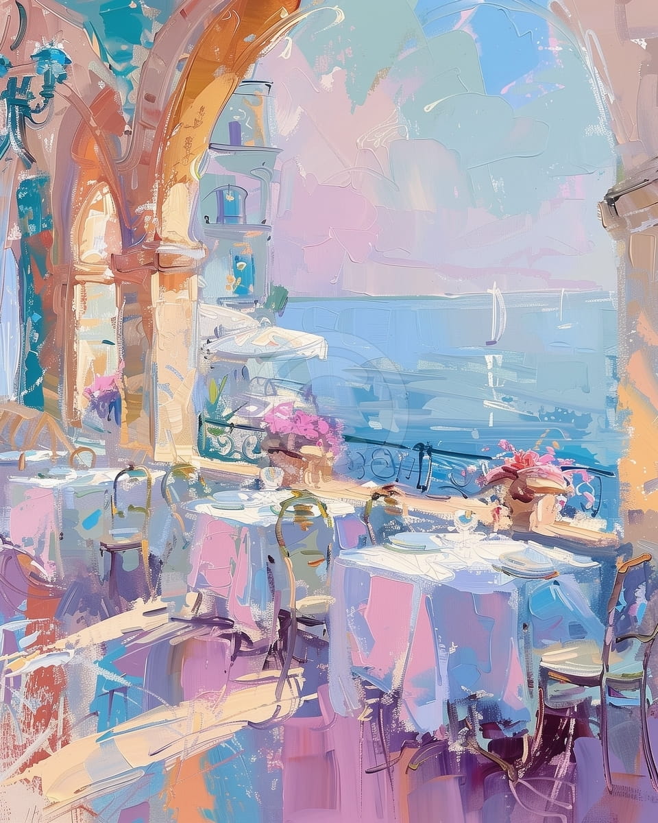 Terrazza sul mare con tavoli e archi