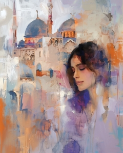 Woman with Closed Eyes and Mosque in Background