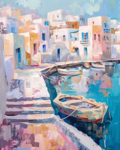 Boats Docked by Whitewashed Houses in a Coastal Village