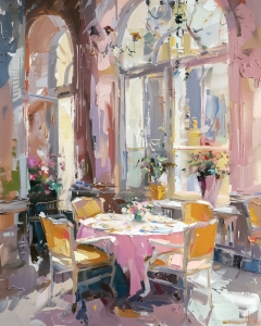 Sala da pranzo elegante con finestre ad arco e decorazioni floreali