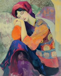 Femme Assise avec un Foulard et les Yeux Ferm&eacute;s