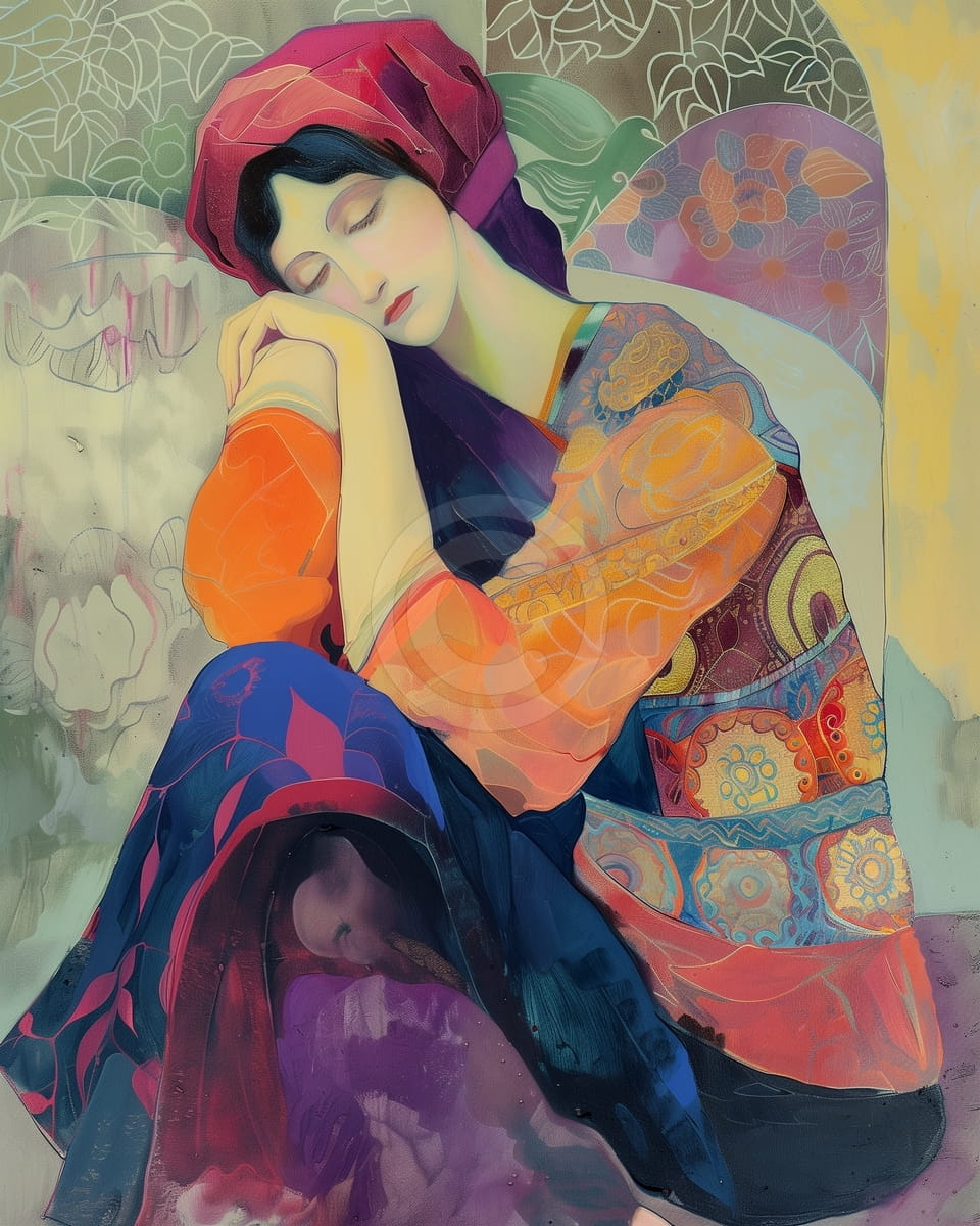 Femme Assise avec un Foulard et les Yeux Fermés