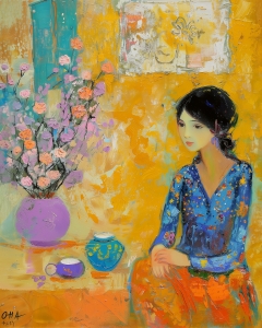 Femme avec Fleurs et Service &agrave; Th&eacute; sur Fond Jaune