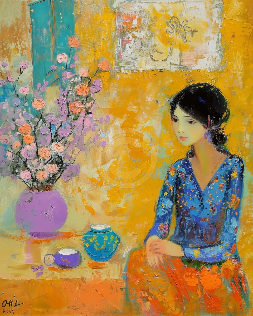 Donna con Fiori e Set da Tè su Sfondo Giallo