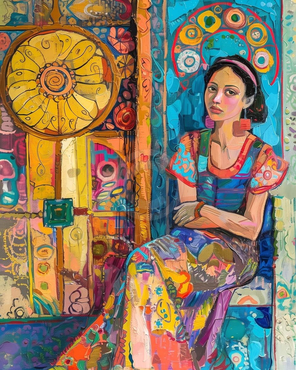 Mujer con vestido colorido sentada junto a arte mural