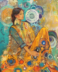 Femme en Robe Jaune aux Motifs C&eacute;lestes