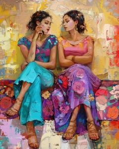 Deux Femmes Assises en Robes Fleuries