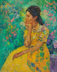 Femme en Robe Jaune dans un Jardin Fleuri