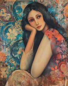 Femme aux Cheveux Longs avec Fond Floral