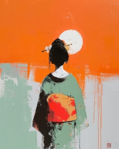 Mujer con Kimono y Fondo Naranja