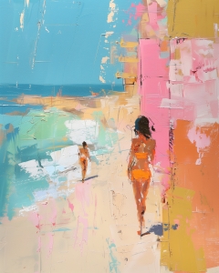 Mujer y Ni&ntilde;o Caminando por la Playa