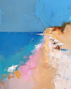 Bunter Strand mit Sonnenschirmen und Klippe
