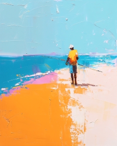 Man Fishing on Bright Orange Beach