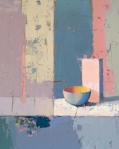 Cuenco sobre Fondo Geom&eacute;trico Pastel