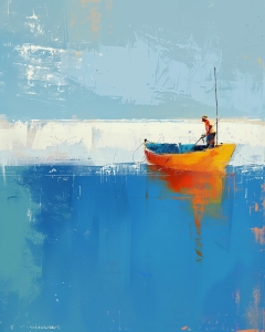 Homme sur un Bateau Orange en Mer Bleue