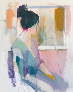 Mujer de Cabello Oscuro en Interior Abstracto Suave