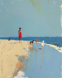Personne avec des Chiens sur une Plage Ensoleill&eacute;e