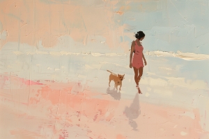 Mujer Caminando con un Perro en la Playa