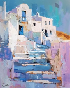 Blaue Treppe in einem Dorf auf Santorin
