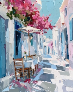Table de caf&eacute; en plein air dans une rue ensoleill&eacute;e
