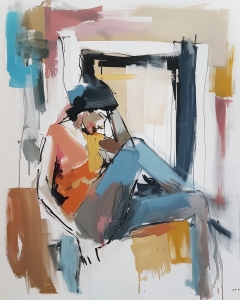 Figura Sentada con Rodillas Dobladas en Trazos Abstractos